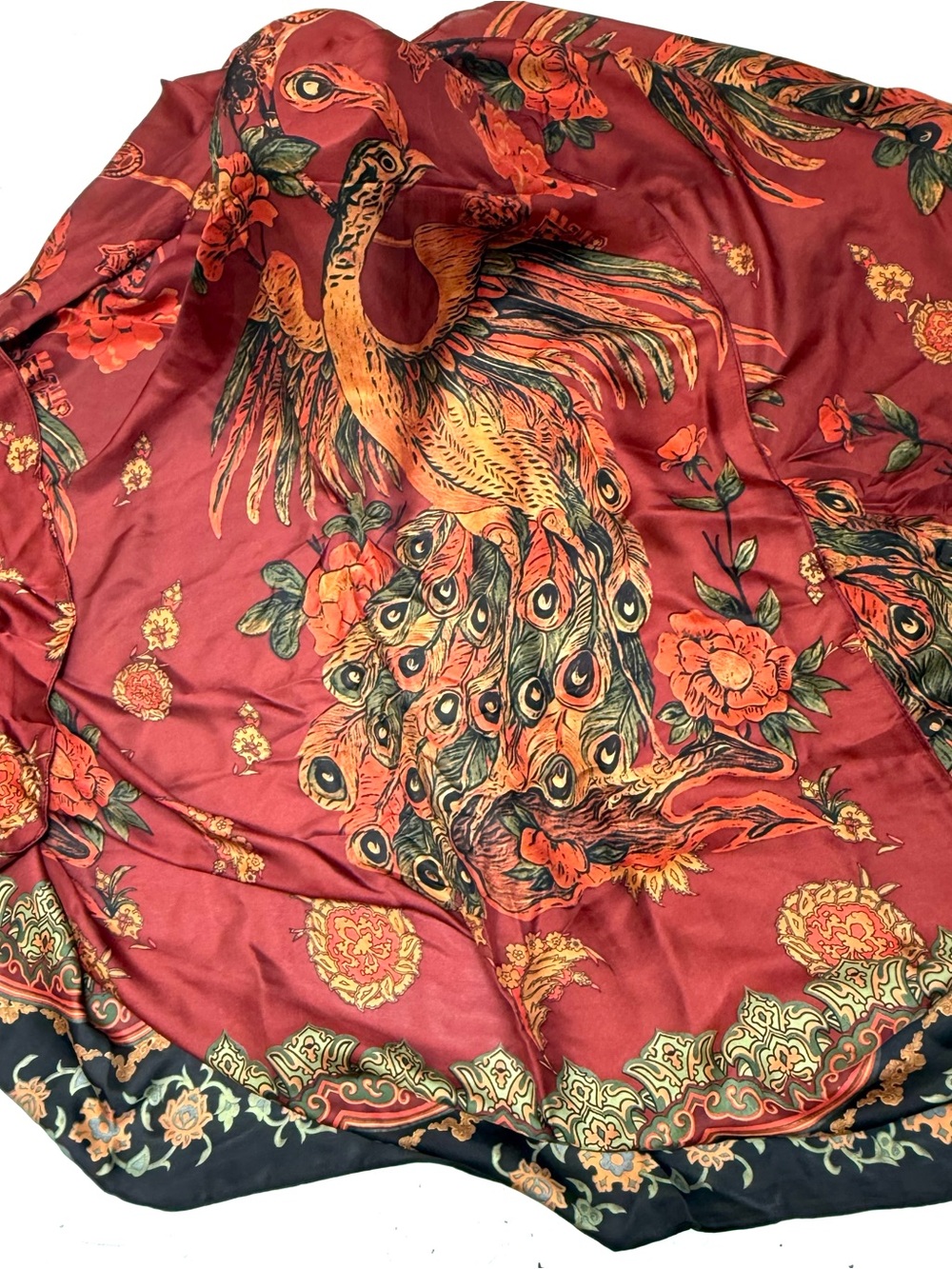 Silk-Feel Peacock Print Scarf in Rich Burgundy and Gold